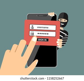 Thief hacker in mask stealing passwords from smartphone. anti phishing and internet viruses concept. Flat vector illustration.
