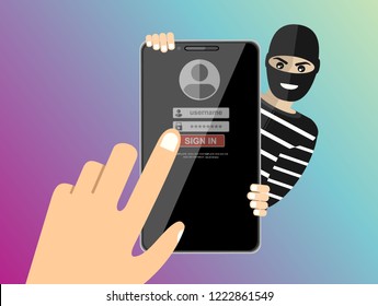 Thief hacker in mask stealing passwords from smartphone. anti phishing and internet viruses concept. Flat vector illustration.