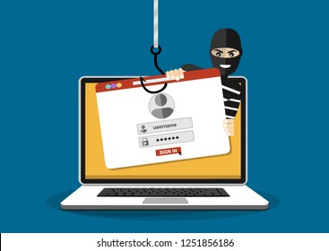 Thief hacker in mask stealing passwords from laptop. anti phishing and internet viruses concept. Cartoon Vector Illustration.