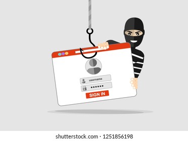 Thief hacker in mask stealing passwords. anti phishing and internet viruses concept. Cartoon Vector Illustration. Cartoon Vector Illustration.