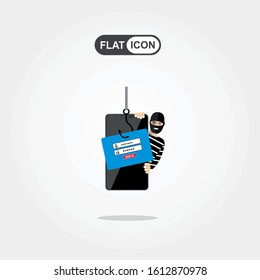 Thief hacker in mask stealing passwords from smartphone. anti phishing and internet viruses concept. Flat vector illustration.