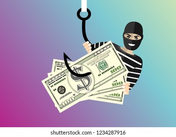 Thief hacker in mask stealing your money. Vector Illustration.