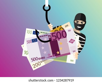Thief hacker in mask stealing your money. Vector Illustration.