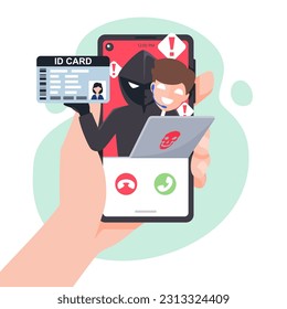 Thief hacker phishing id card data on smartphones. Hacker fraud scam and steal private data on devices. Vector illustration flat design for cyber security awareness concept.