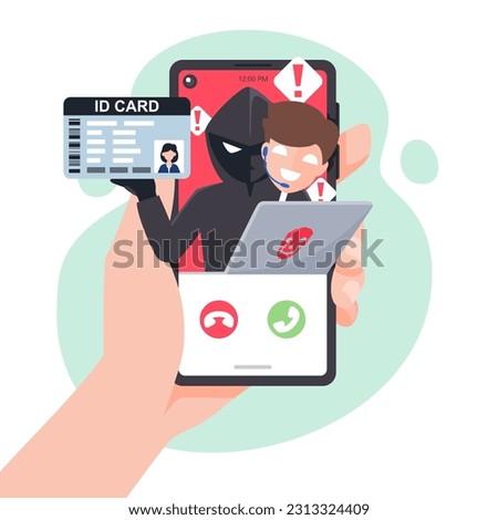 Thief hacker phishing id card data on smartphones. Hacker fraud scam and steal private data on devices. Vector illustration flat design for cyber security awareness concept.
