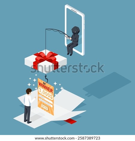 Thief Hacker sent a fake a reward. fraud scam and stealing user information by pretending to win a prize. Vector illustration flat design for cyber criminal awareness concept.