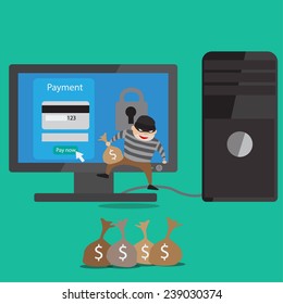 Thief Hacker steal your data and money after paid with credits card internet online.