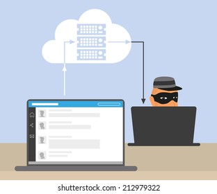 Thief or hacker is stealing an account of social networking using virus and the bug in cloud server to hack all data. Vector criminal illustration of hacker stealing data. Internet security of thief