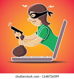 Thief. Hacker stealing confidential data document folder from computer useful for anti phishing and internet viruses campaigns. concept hacking internet social network. Cartoon Vector Illustration.
