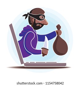 Thief. Hacker stealing confidential data document folder from computer useful for anti phishing and internet viruses campaigns. concept hacking internet social network. Cartoon Vector Illustration.