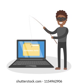Thief. Hacker stealing confidential data document folder from computer useful for anti phishing and internet viruses campaigns.