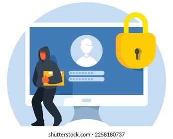 Thief. Hacker stealing confidential data document folder from computer useful for anti phishing and internet viruses campaigns. concept hacking internet social network. Cartoon Vector Illustration.