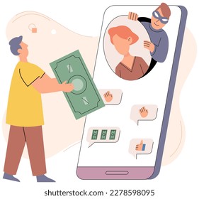 Thief hacker stealing confidential data, personal information as password from smartphone useful for anti phishing and internet virus campaigns. Credit card online payment scam concept, money stealing