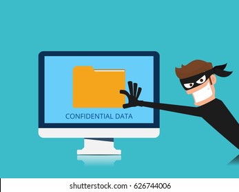 Thief. Hacker stealing confidential data document folder from computer useful for anti phishing and internet viruses campaigns. concept hacking internet social network. Cartoon Vector Illustration.