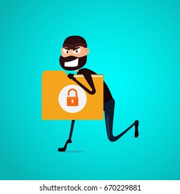 Thief. Hacker stealing confidential data document folder from computer useful for anti phishing and internet viruses campaigns. concept hacking internet social network. Cartoon Vector Illustration.