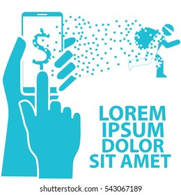 Thief. Hacker stealing data on smart phone brick silhouette Vector Illustration.
