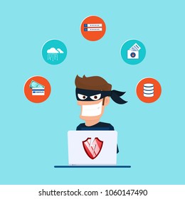 Thief. Hacker stealing sensitive data as passwords from a personal computer useful for anti phishing and internet viruses campaigns. concept hacking internet social network. Vector Illustration.