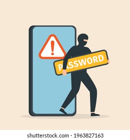 Thief. Hacker stealing sensitive data as passwords from smart phone. Cyber crime and hacking. Cyber crime and hacking  Vector illustration.
