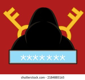 Thief. Hacker stealing sensitive data as passwords from a personal computer useful for anti phishing and internet viruses campaigns. concept hacking internet social network. Vector Illustration.