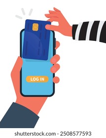 Thief. Hacker stealing sensitive data and money from credit card. Useful for anti phishing and internet viruses campaigns. concept hacking internet social network stock illustration