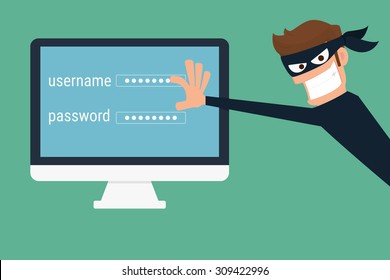 Thief. Hacker stealing sensitive data as passwords from a personal computer useful for anti phishing and internet viruses campaigns.concept hacking internet social network.Cartoon Vector Illustration.