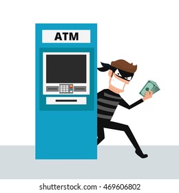 Thief. Hacker Stealing Sensitive Data And Money From ATM Machine. Phishing, ATM Skimming. Cartoon Vector Illustration.