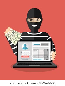 Thief. Hacker stealing sensitive data as passwords from a personal computer useful for anti phishing and internet viruses campaigns.concept hacking internet social network.Cartoon Vector Illustration.