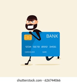 Thief. Hacker stealing sensitive data and money from credit card. Useful for anti phishing and internet viruses campaigns. concept hacking internet social network. Cartoon Vector Illustration.