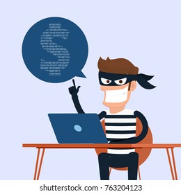 Thief. Hacker stealing sensitive data as passwords from a personal computer useful for anti phishing and internet viruses campaigns.concept hacking internet social network.Cartoon Vector Illustration.