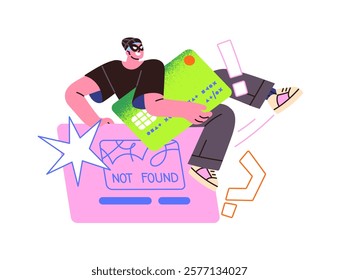 Thief hacking banking account, steals digital money from card. Hacker phishing password, cheats. Cyber crime, scam with finances, online fraud concept. Flat isolated vector illustration on white