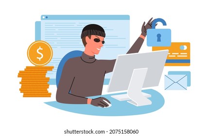 Thief Hacking, Cyber Theft And Online Fraud Vector Illustration. Cartoon Hacker Using Computer, Criminal Stealing Personal Digital Data Information And Money. Cybercrime, Internet Safety Concept