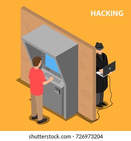 El ladrón hackea el software y el sistema de terminal de pagos. Ilustración isométrica vectorial.