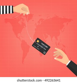 Thief hand with fishing hook with credit cards and victim businessman hand on world map background. Vector illustration business concept design.