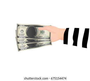 thief hand holding 100 dollar banknotes money 