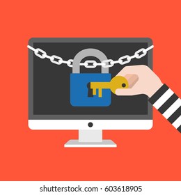 thief hand holding key to open lock and chain on computer screen, personal data protection concept, flat design vector