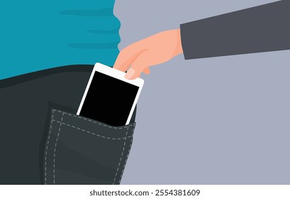A thief hand stealing smartphone from back pocket of pant