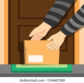 Thief Hand Take Package Box Online Shop In Front Door Home, Awareness From Theft Steal Someone Parcel Crime Activity Cartoon Illustration Vector