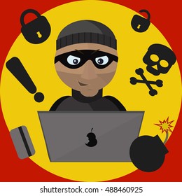 Thief with the help of laptop steals money or information from foreing accounts. There are some there are several conceptual icons around him.Vector illustration.