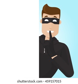 Thief hiding behind a wall.The thief peeks out from around the corner. He holds his finger to his mouth as a sign of silence.The thief steals inconspicuously in silence. 