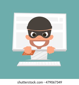Thief holding a credit card. Concept of safe online shopping. Vector Illustration