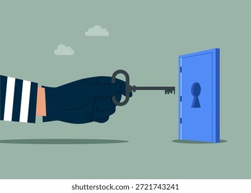 Ladrón con llave y puerta abierta. Robo de propiedad. Clave para el criminal. Robo irrumpiendo en la casa. Ilustración vectorial moderna en estilo plano