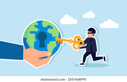 A thief holding a key runs towards a hand holding a globe with a keyhole, illustration of corruption practices in international scale business acquisitions