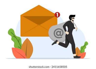 Dieb, der eine rote Tasche voller Daten aus neuen E-Mails ohne E-Mail, Datenschutz-Dieb, Cyber-Hacker oder E-Mail-Anbieter, die Anzeigen auf der Grundlage von Insider-Information Konzept, geheime private E-Mail.