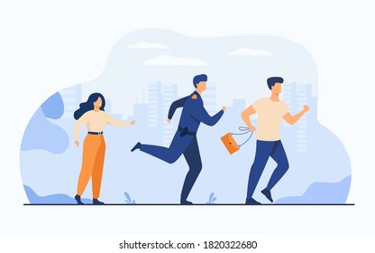 Thief holding stolen bag and running from male cop. Policeman catching criminal for arrest. Vector illustration for police officer job, violation of law, theft concept