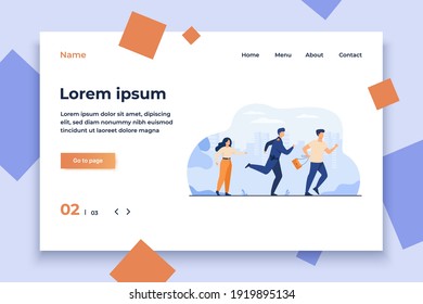 Thief holding stolen bag and running from male cop. Policeman catching criminal for arrest. Vector illustration for police officer job, violation of law, theft concept