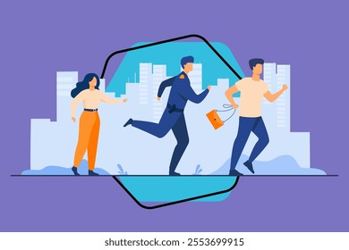 Thief holding stolen bag and running from male cop. Policeman catching criminal for arrest. Vector illustration for police officer job, violation of law, theft concept