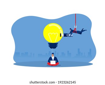 Thief holding usb flash drive to connect other light bulb . hacker idea concept vector illustration