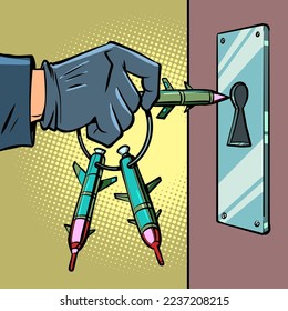 A thief holds a lock pick in his hand Comic cartoon pop art retro