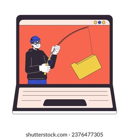 Thief hooking folder laptop screen flat line concept vector spot illustration. Phishing attack. Crime 2D cartoon outline object on white for web UI design. Editable isolated color hero image