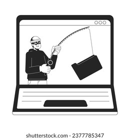 Ladrón carpeta de enganche portátil pantalla bw concepto ilustración de manchas vectoriales. Ataque de phishing. Caricatura de Crimen 2D de línea plana monocromática carácter para diseño de interfaz de usuario web. Imagen de héroe de contorno aislado editable